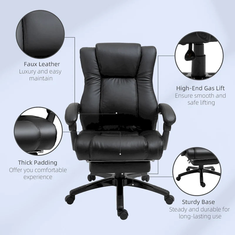 Vinsetto Executive Home Office Chair Padded High Back PU Leather Recliner with Retractable Footrest, Adjustable Height, Black