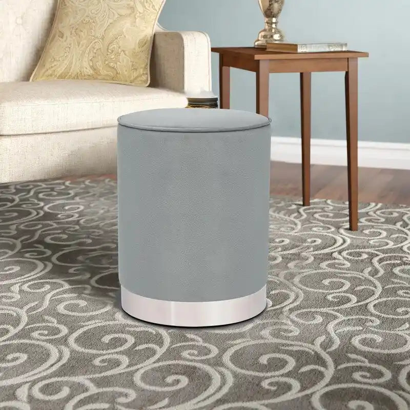 Adeco Vanity Upholstered Round Velvet Ottoman Footstool Silver Trim