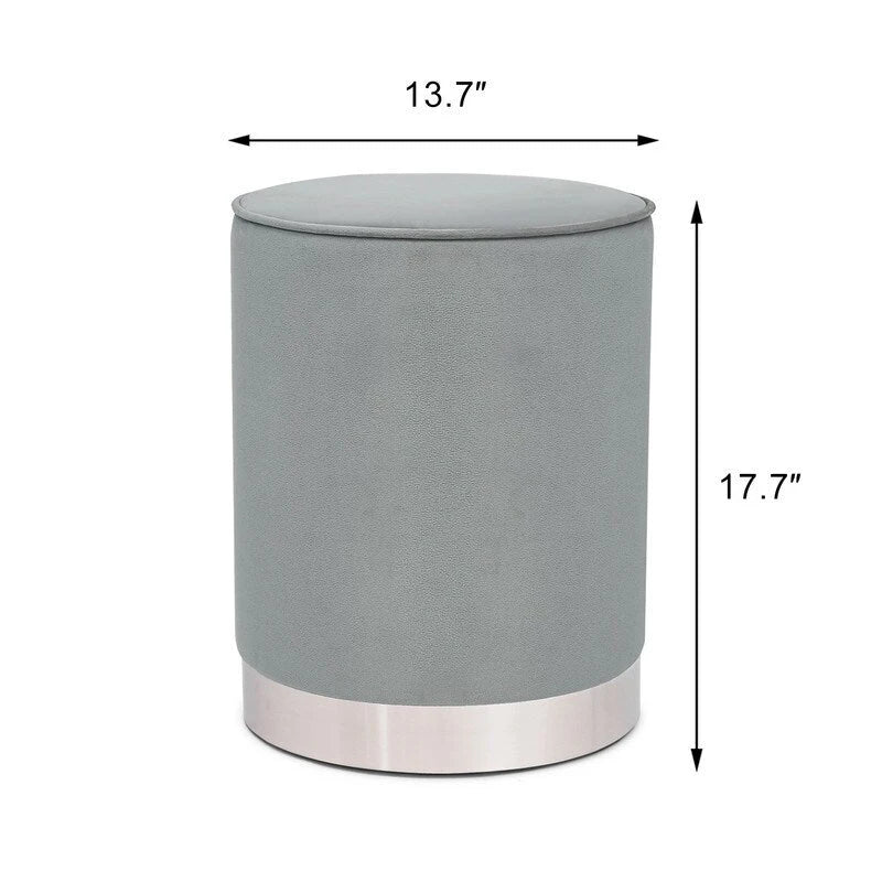 Adeco Vanity Upholstered Round Velvet Ottoman Footstool Silver Trim