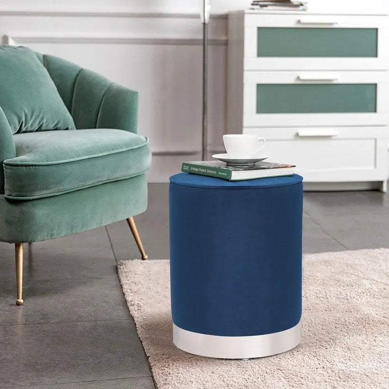 Adeco Vanity Upholstered Round Velvet Ottoman Footstool Silver Trim