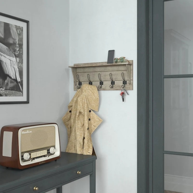 Wall Mounted Storage Rack with Upper Shelf and Storage Hooks