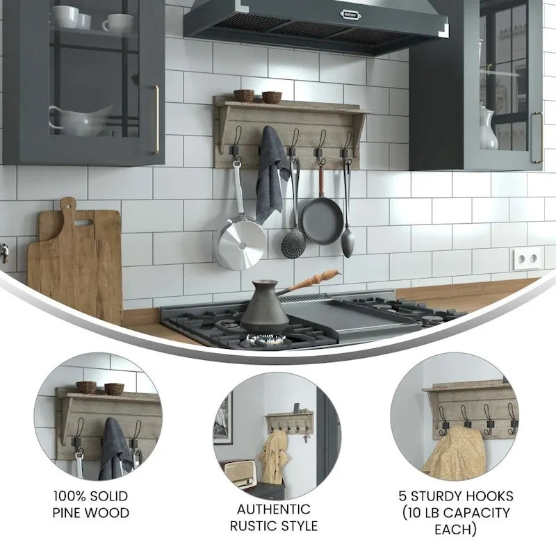 Wall Mounted Storage Rack with Upper Shelf and Storage Hooks