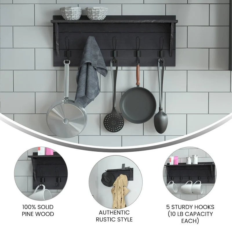 Wall Mounted Storage Rack with Upper Shelf and Storage Hooks