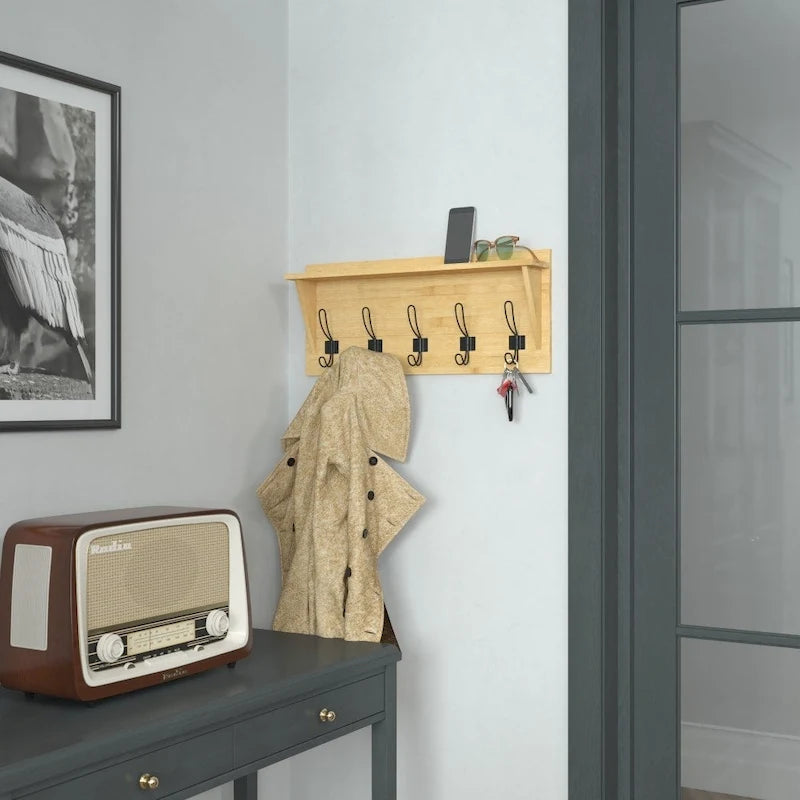 Wall Mounted Storage Rack with Upper Shelf and Storage Hooks