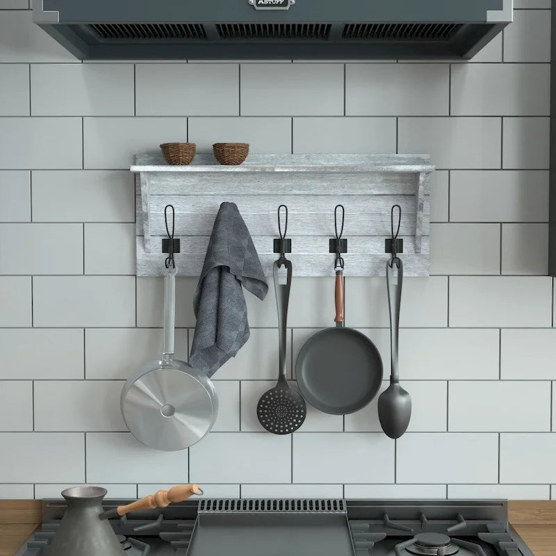 Wall Mounted Storage Rack with Upper Shelf and Storage Hooks