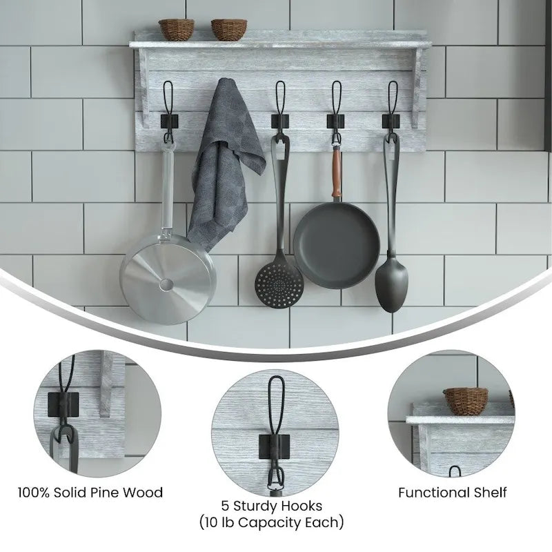 Wall Mounted Storage Rack with Upper Shelf and Storage Hooks