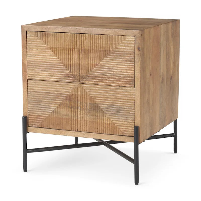 Cairo Light Brown Solid Wood w/ Black Iron Frame & 2 Drawer Accent Table - 22L x 22W x 26H