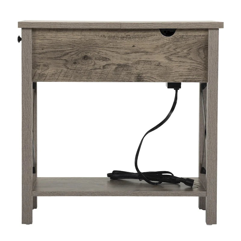 Farmhouse Flip Top Nightstand End Table W/Drawer 2AC Outlets 2USB