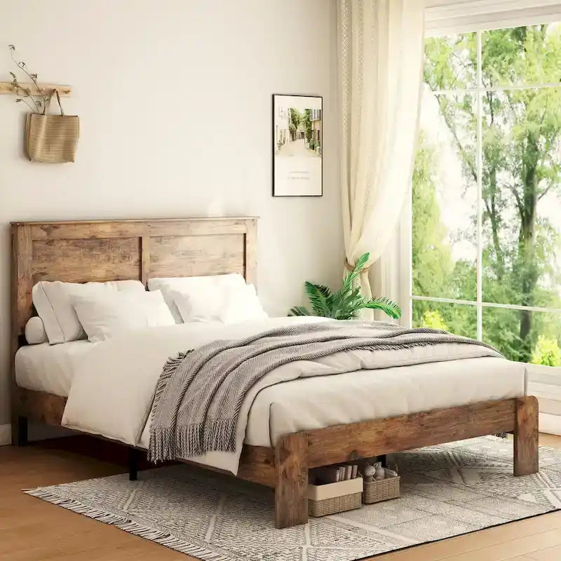 Dark Brown Full Size Wood Platform Bed Fro Bedroom