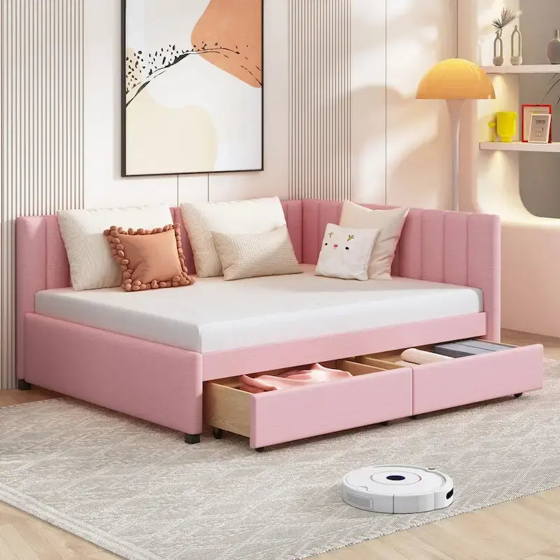 Full Size Upholstered Daybed with 2 Storage Drawers Sofa Bed Frame