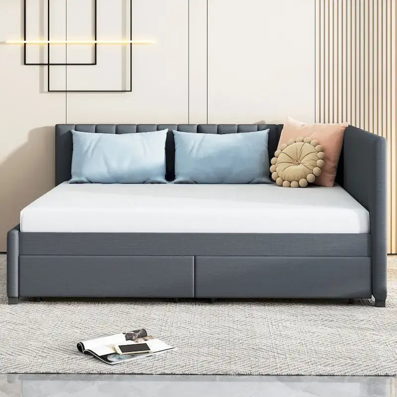 Full Size Upholstered Daybed with 2 Storage Drawers Sofa Bed Frame