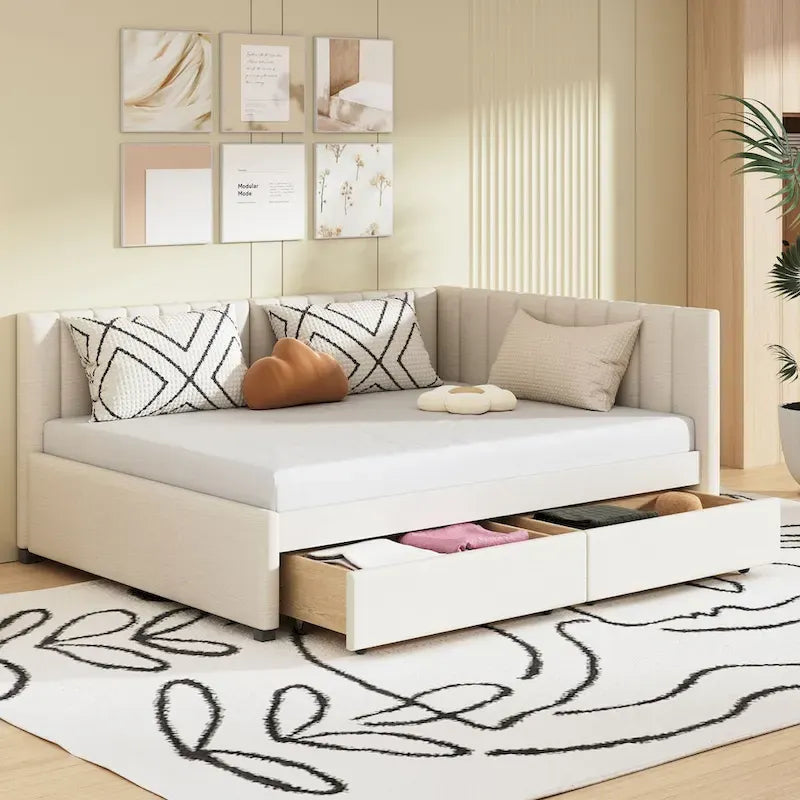 Full Size Upholstered Daybed with 2 Storage Drawers Sofa Bed Frame