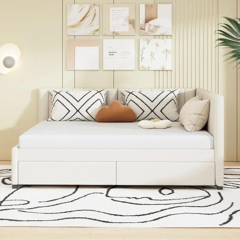 Full Size Upholstered Daybed with 2 Storage Drawers Sofa Bed Frame
