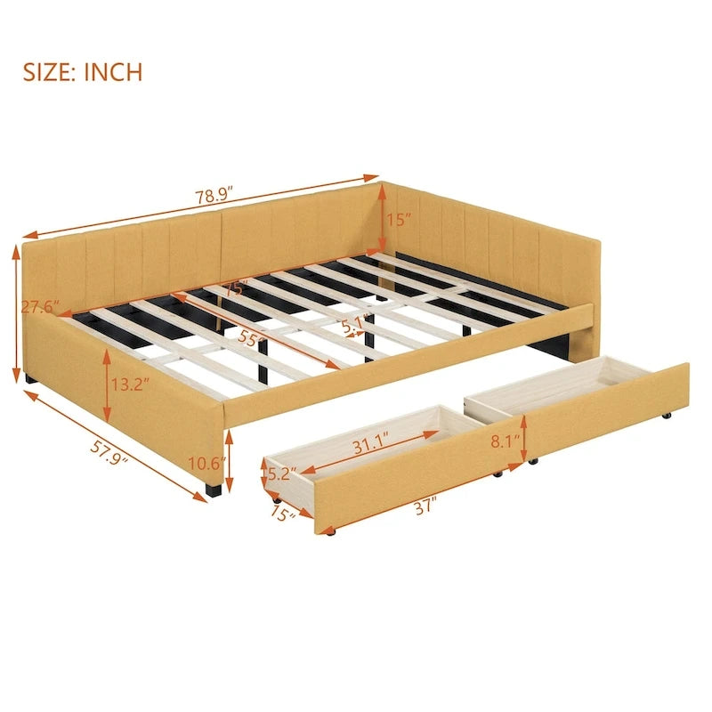 Full Size Upholstered Daybed with 2 Storage Drawers Sofa Bed Frame