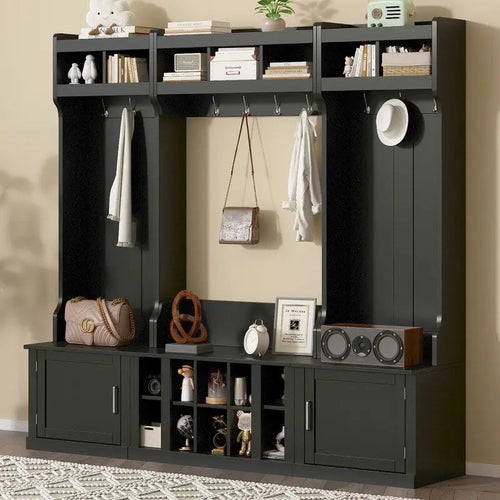 4-IN-1 Multi-functional Hall Tree Entryway Bench with Coat Rack and Shoe Cubbies