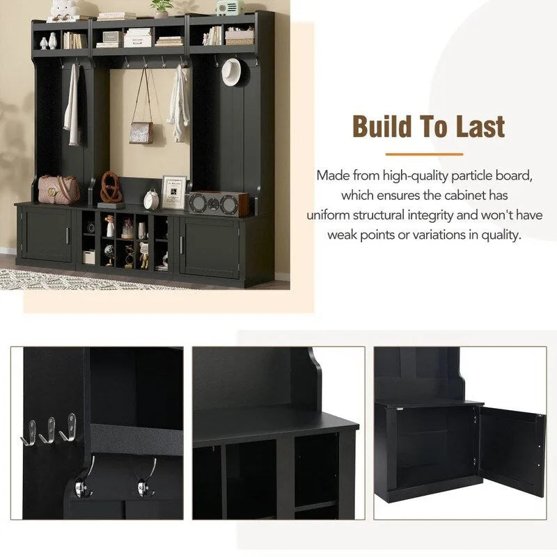 4-IN-1 Multi-functional Hall Tree Entryway Bench with Coat Rack and Shoe Cubbies