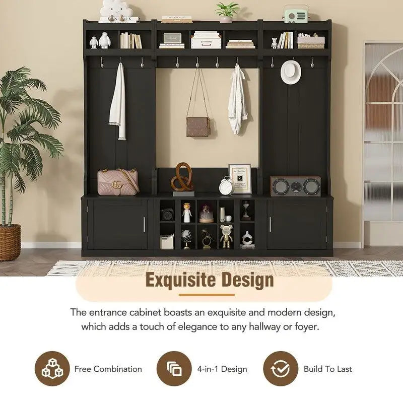 4-IN-1 Multi-functional Hall Tree Entryway Bench with Coat Rack and Shoe Cubbies