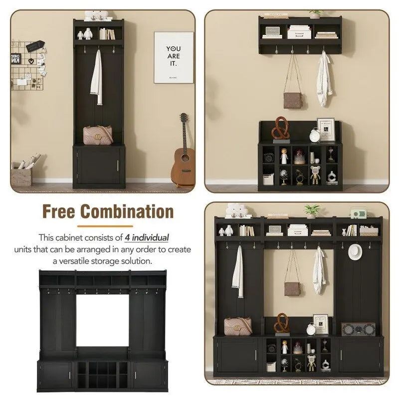 4-IN-1 Multi-functional Hall Tree Entryway Bench with Coat Rack and Shoe Cubbies