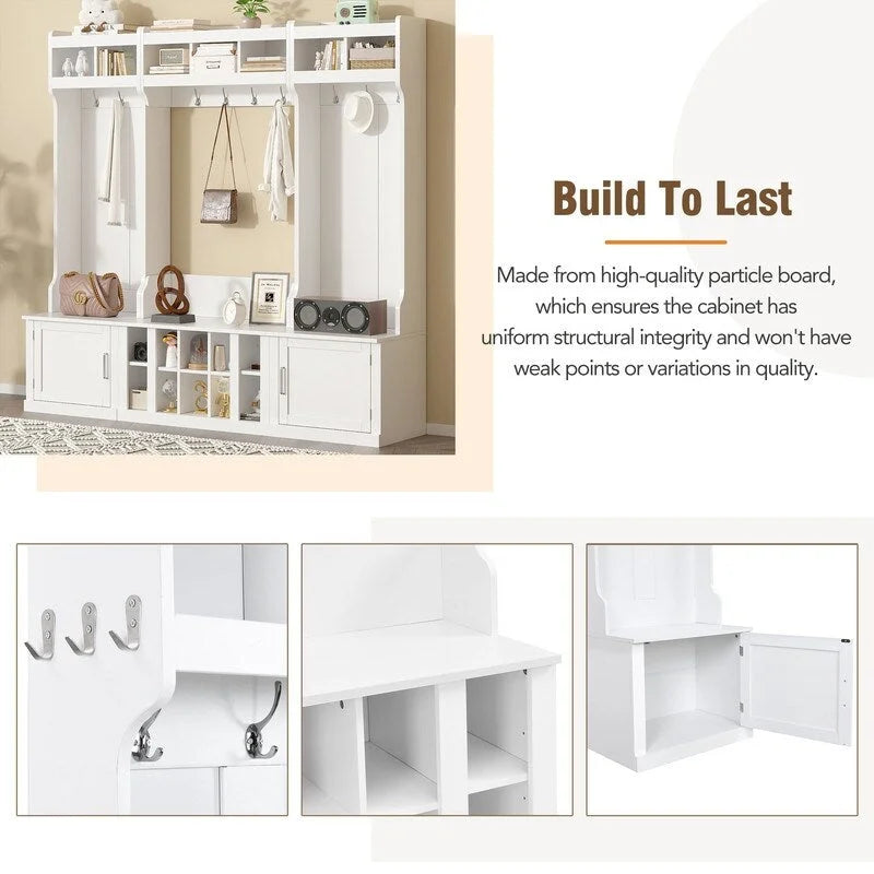 4-IN-1 Multi-functional Hall Tree Entryway Bench with Coat Rack and Shoe Cubbies