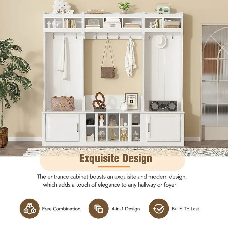 4-IN-1 Multi-functional Hall Tree Entryway Bench with Coat Rack and Shoe Cubbies