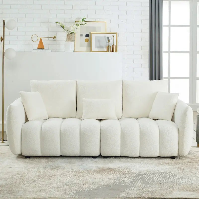 Upholstered Teddy Fabric Sofa with 3 Pillows and Solid Wood Frame