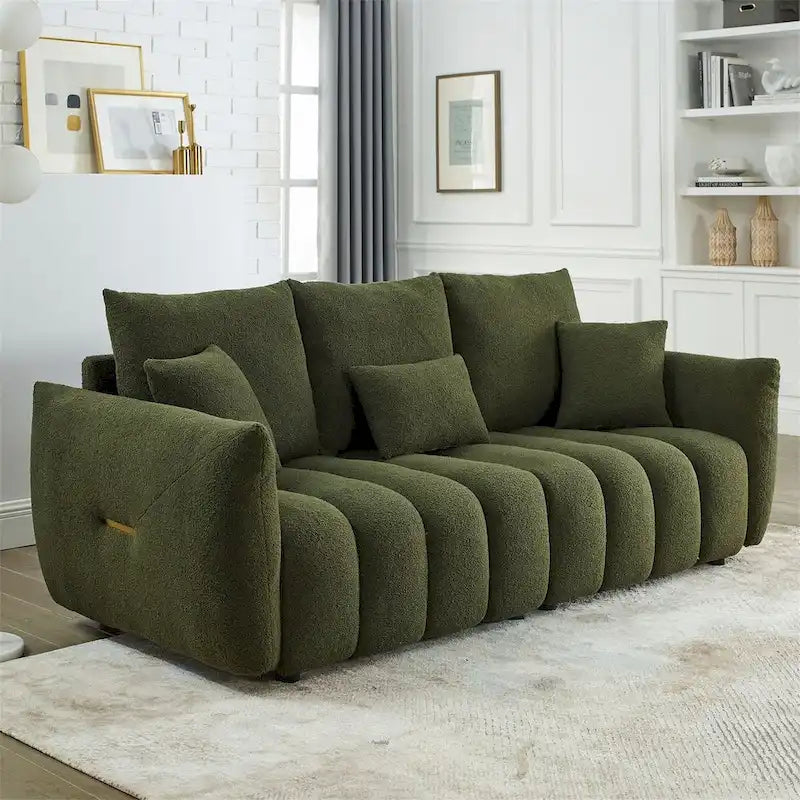 Upholstered Teddy Fabric Sofa with 3 Pillows and Solid Wood Frame