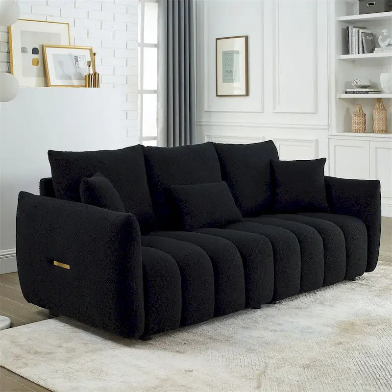 Upholstered Teddy Fabric Sofa with 3 Pillows and Solid Wood Frame