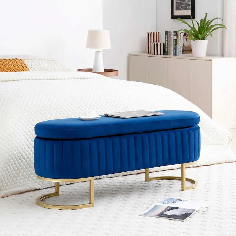 Storage Bench Bedroom Bench, Velvet Oval Upholstered End of Bed Bench with Golden Metal Legs,50 Storage Ottoman Bench