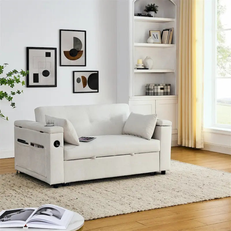 Pull-Out Sleeper Sofa Bed with Adjustable Backrest and USB Port