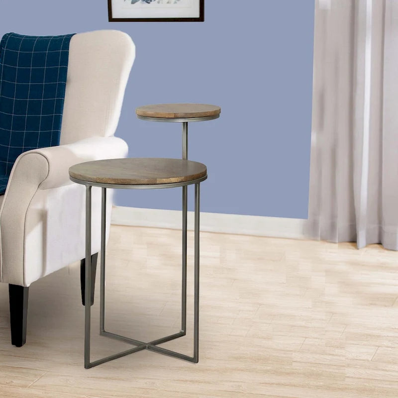 29 Inch Modern Round Accent Table, 2 Tier Brown Wood Tops, Gray Metal Base
