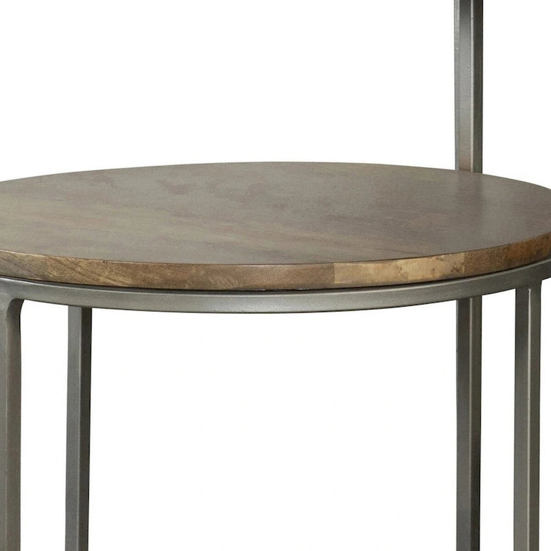 29 Inch Modern Round Accent Table, 2 Tier Brown Wood Tops, Gray Metal Base