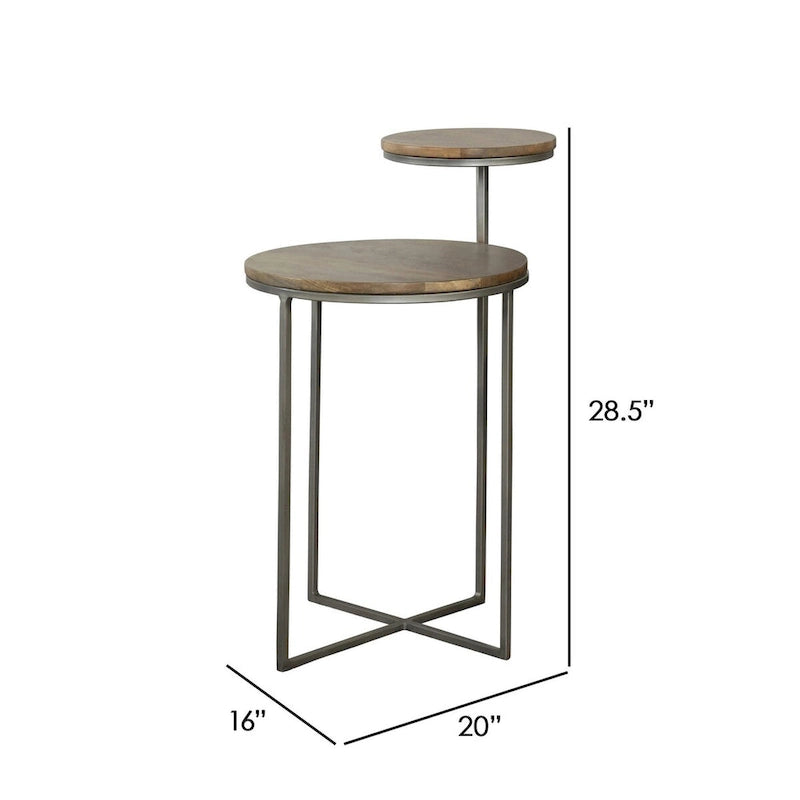 29 Inch Modern Round Accent Table, 2 Tier Brown Wood Tops, Gray Metal Base