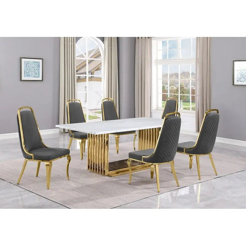 Best Quality Furniture D312/3-SC310-7 Dining Set with 79 White Marble Top