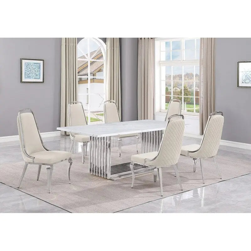 Best Quality Furniture D312/3-SC310-7 Dining Set with 79 White Marble Top