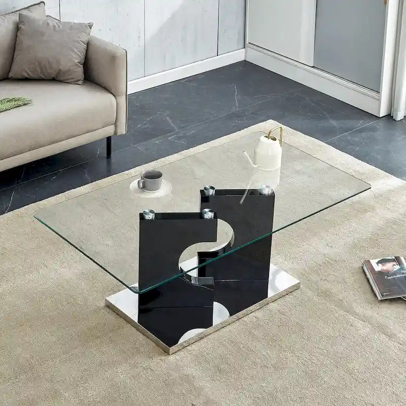 A 47.2*25.5*18 rectangular modern and fashionable table with tempered glass tabletop and black MDF legs for living room