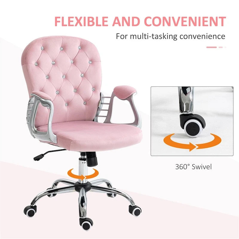 Velvet Adjustable Height Home Office Chair w/ Padded Armrests & Wheel - N/A