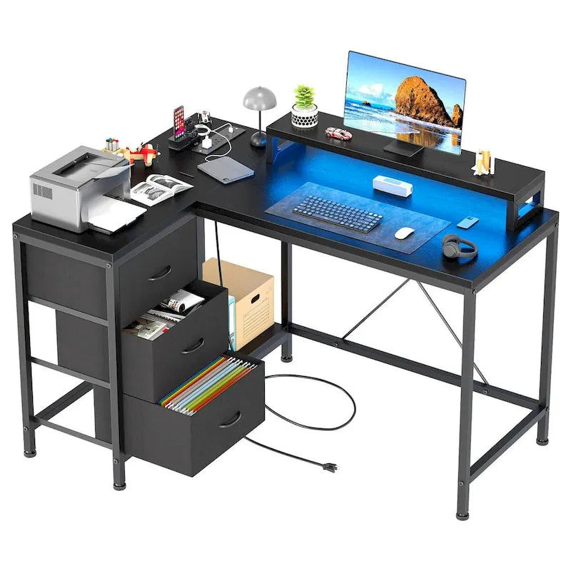 L Shaped Desk with Power Outlets & LED Lights