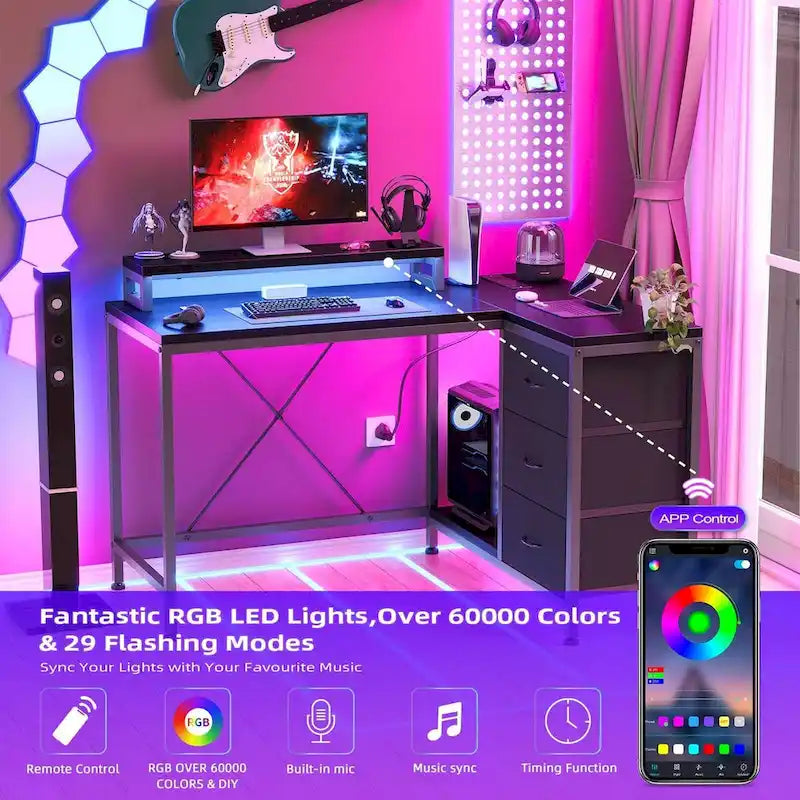 L Shaped Desk with Power Outlets & LED Lights