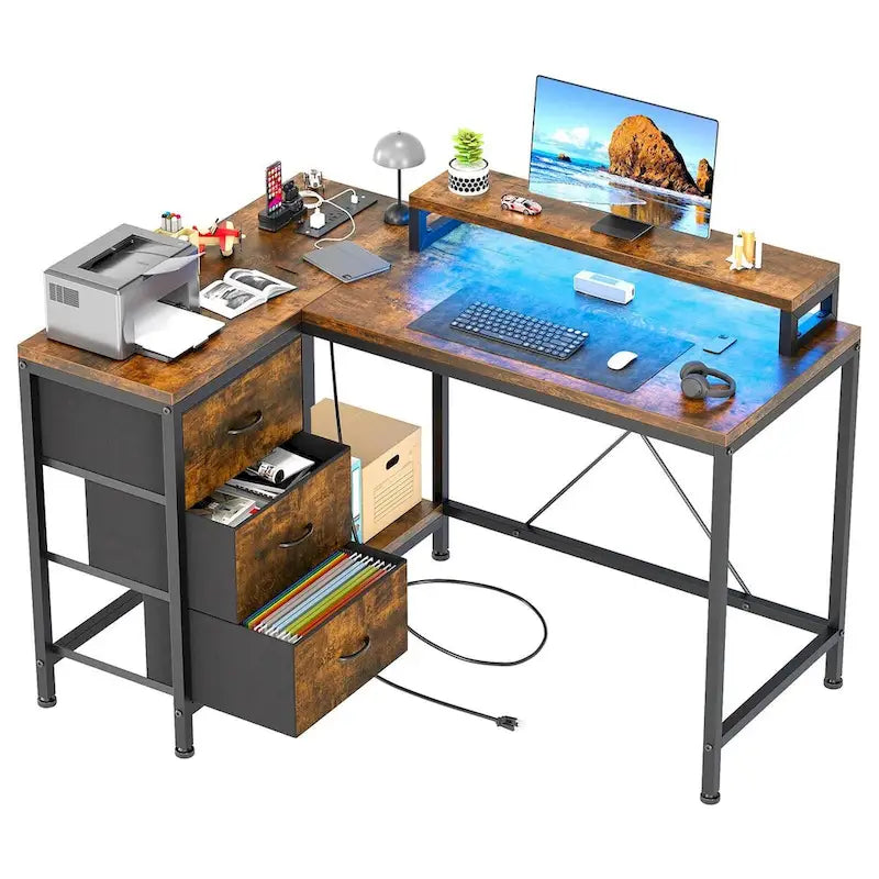 L Shaped Desk with Power Outlets & LED Lights