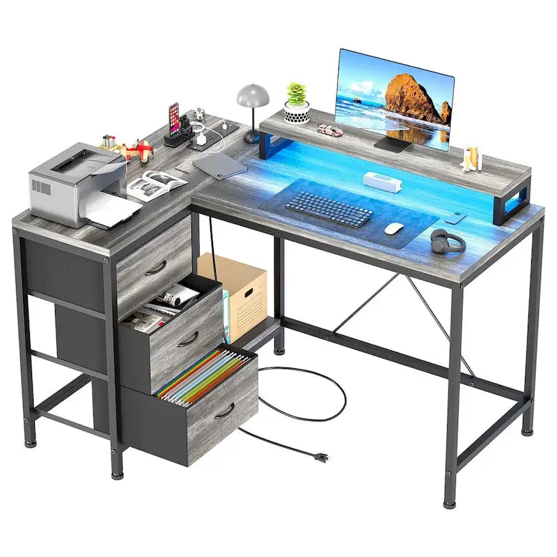 L Shaped Desk with Power Outlets & LED Lights