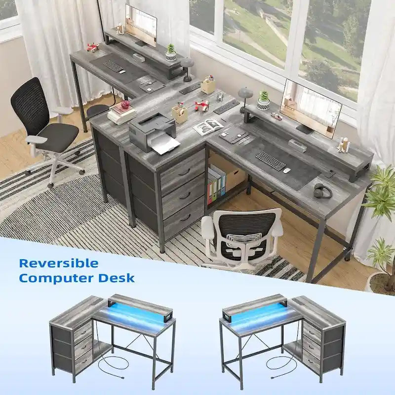 L Shaped Desk with Power Outlets & LED Lights