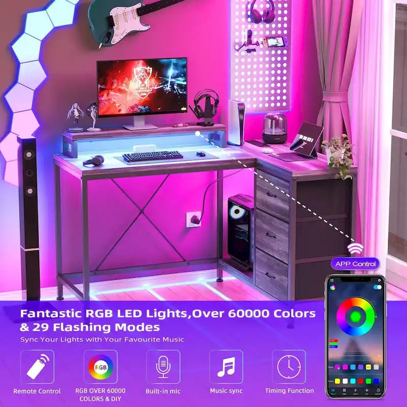 L Shaped Desk with Power Outlets & LED Lights