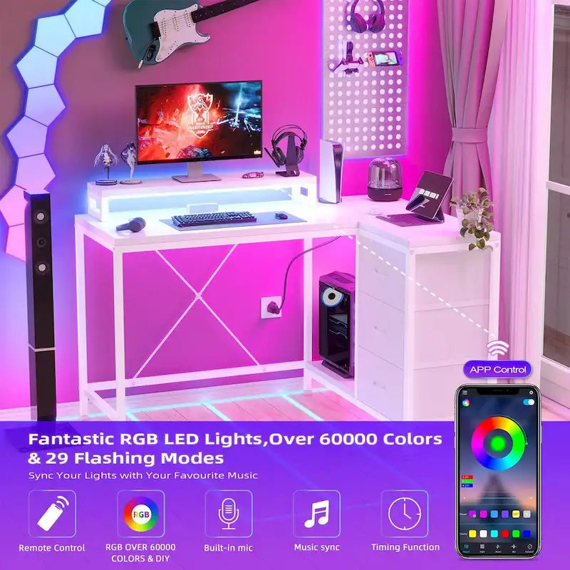 L Shaped Desk with Power Outlets & LED Lights