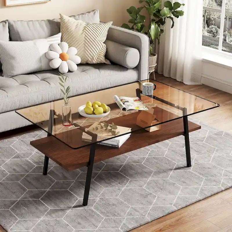 Rectangle Coffee Table,Tempered Glass Tabletop with Metal Legs,Modern Table for Living Room,Glass