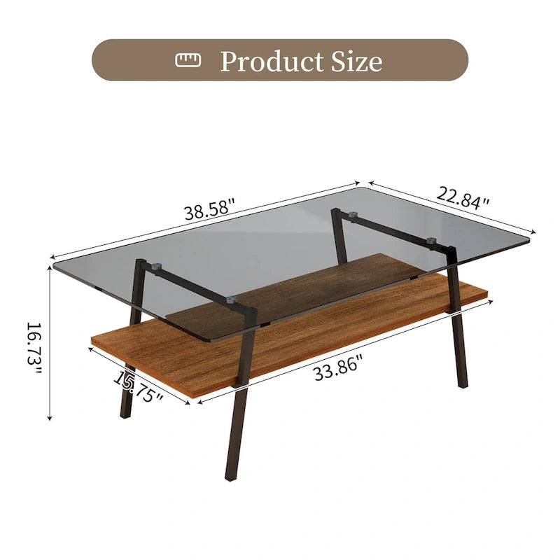 Rectangle Coffee Table,Tempered Glass Tabletop with Metal Legs,Modern Table for Living Room,Glass