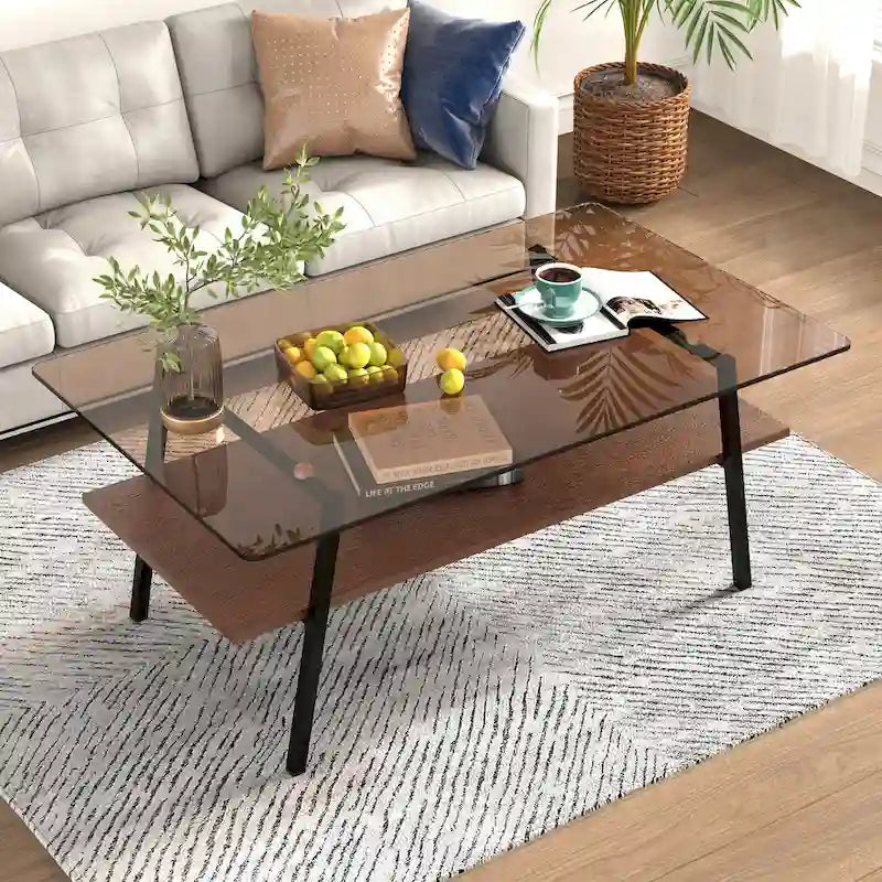 Rectangle Coffee Table,Tempered Glass Tabletop with Metal Legs,Modern Table for Living Room,Glass