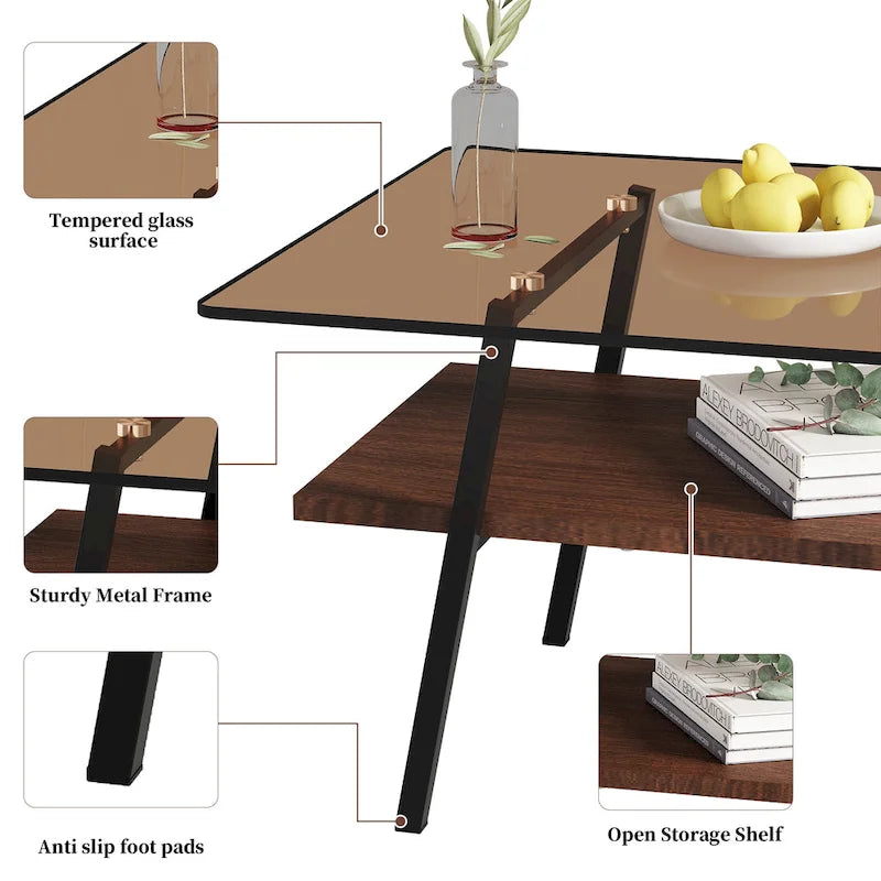 Rectangle Coffee Table,Tempered Glass Tabletop with Metal Legs,Modern Table for Living Room,Glass