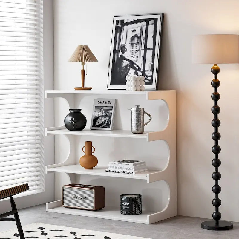 Multifunctional 4-Tier White Book Shelf & Coffee Table,Creative Furniture Floor Bookshelf,Minimalist Organizer Storage Shelves