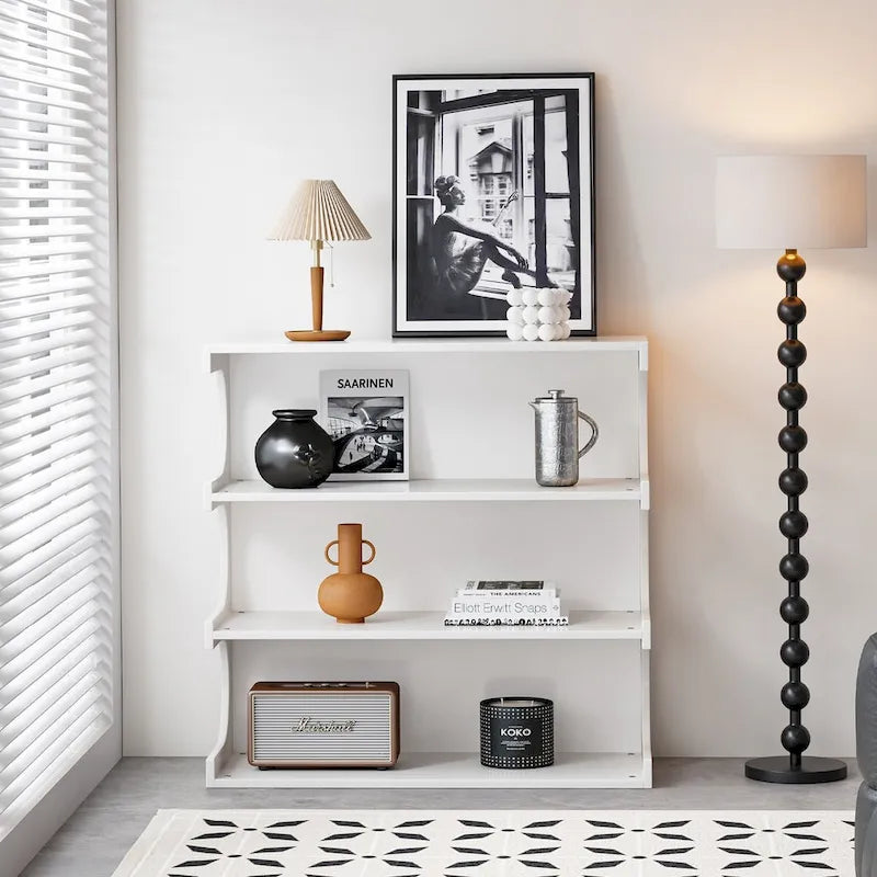 Multifunctional 4-Tier White Book Shelf & Coffee Table,Creative Furniture Floor Bookshelf,Minimalist Organizer Storage Shelves