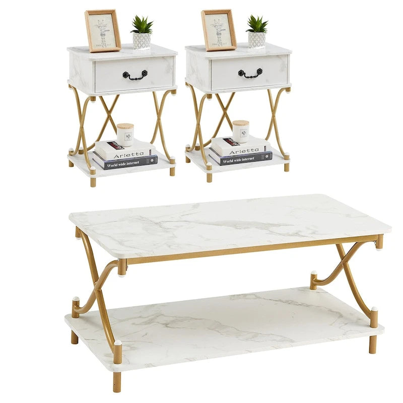 Modern 3-piece Coffee Table, Sofa Table & 1-drawer Nightstand Set of 2(Brown/Black/White)